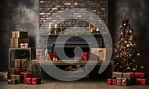 christmas decorations on livinfroom and fireplace, christmas fireplace with christmas tree with gifts