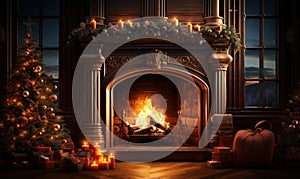 christmas decorations on livinfroom and fireplace, christmas fireplace with christmas tree with gifts