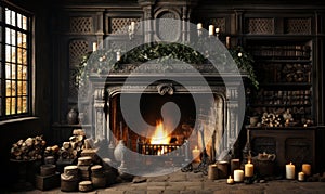 christmas decorations on livinfroom and fireplace, christmas fireplace with christmas tree with gifts