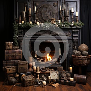 christmas decorations on livinfroom and fireplace, christmas fireplace with christmas tree with gifts