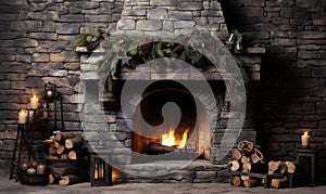 christmas decorations on livinfroom and fireplace, christmas fireplace with christmas tree with gifts