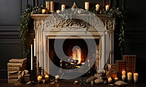 christmas decorations on livinfroom and fireplace, christmas fireplace with christmas tree with gifts