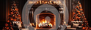 christmas decorations on livinfroom and fireplace, christmas fireplace with christmas tree with gifts