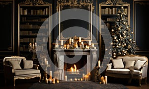 christmas decorations on livinfroom and fireplace, christmas fireplace with christmas tree with gifts