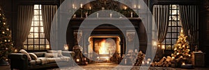 christmas decorations on livinfroom and fireplace, christmas fireplace with christmas tree with gifts