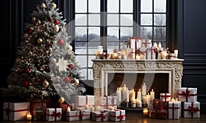 christmas decorations on livinfroom and fireplace, christmas fireplace with christmas tree with gifts