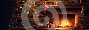 christmas decorations on livinfroom and fireplace, christmas fireplace with christmas tree with gifts