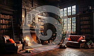 christmas decorations on livinfroom and fireplace, christmas fireplace with christmas tree with gifts