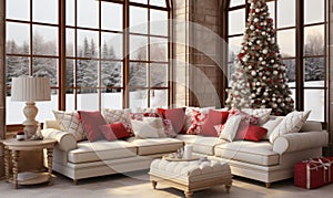 christmas decorations on livinfroom and fireplace, christmas fireplace with christmas tree with gifts