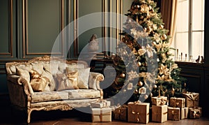 christmas decorations on livinfroom and fireplace, christmas fireplace with christmas tree with gifts