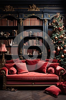 christmas decorations on livinfroom and fireplace, christmas fireplace with christmas tree with gifts