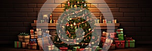 christmas decorations on livinfroom and fireplace, christmas fireplace with christmas tree with gifts