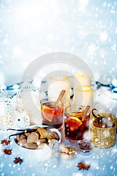 Christmas Decorations with Mulled Wine and Snow