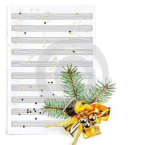 Christmas decorations and music sheet isolated on white . Free space for text