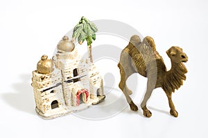 Christmas decorations, nativity scene houses isolated in a white