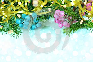 Christmas decorations, natural fir,  and festive bokeh lights, copy space  , soft focus,