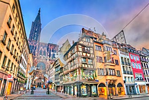 Christmas decorations near the Cathedral in Strasbourg, France