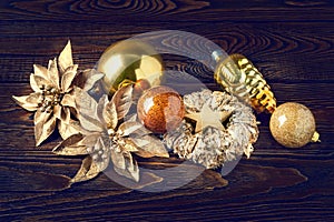 Christmas decorations. New Year's decorations on a dark wooden background.