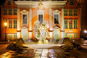 Christmas decorations in the old town of Gdansk at night, Poland