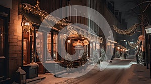 Christmas decorations in the old town of Quebec city at night, Canada