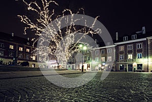 Christmas decorations on the old town of Warsaw
