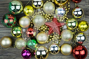 Christmas decorations on old wooden background.