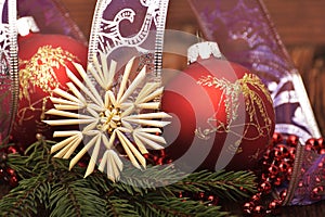 Christmas decorations and ornament on wooden background