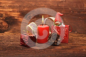 Christmas decorations and ornament on wooden background