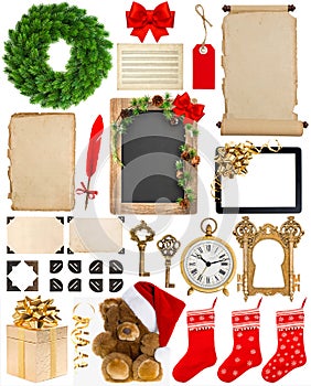 Christmas decorations, ornaments and gifts. paper and frames iso