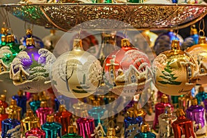 Christmas decorations and ornaments on the market in Vienna. For sale on Christmas fair in Europe