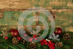 Christmas decorations over wooden background.