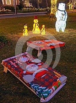 Christmas decorations in park lit up at night time