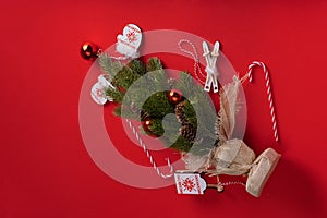 Christmas decorations on a red background