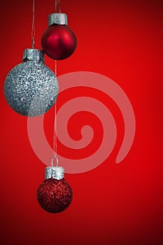 Christmas decorations on red background photo