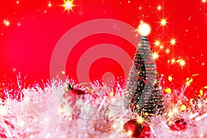 Christmas decorations on a red background. A congratulatory banner.