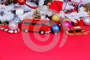 Christmas decorations, red background photo