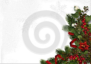 Christmas decorations with red berries and poinsettia on a white