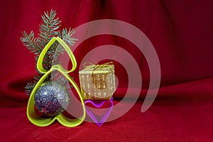 Christmas decorations on red with copy space