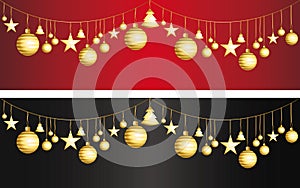 Christmas decorations. Red and gold and black vector banners set. Illustration.