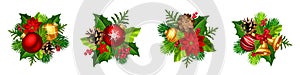 Christmas decorations with red and gold Christmas balls, bells, fir branches, cones, and poinsettia flowers