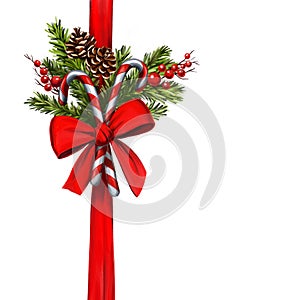 Christmas decorations with red ribbon with bow isolated on white background, , art illustration painted with watercolors