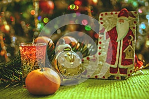 Christmas Decorations - Santa Claus, clock, tangerines and garland