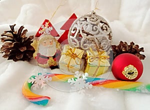 Christmas decorations, santa claus, lolipop, snowflakes, close up