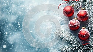 Christmas decorations on a snow covered branch with red balls, AI