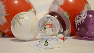 Christmas decorations. Snow falling in shiny magical crystal ball with snowman and Christmas balls in backdrop. Snowing dome
