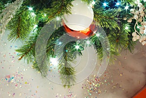 Christmas decorations snow fir lights white ball bright shiny bauble