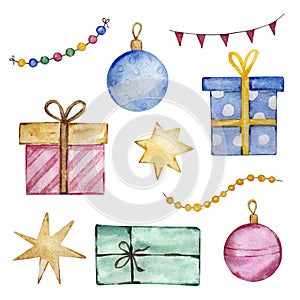 Christmas decorations, stars, garlands, flags, toy, round, beads and boxes gifts