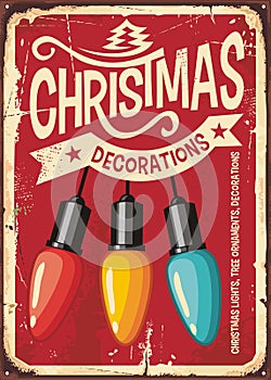 Christmas decorations store vintage metal sign with colorful lights photo