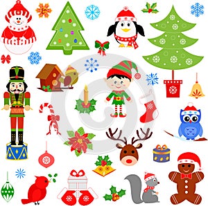 Christmas decorations and symbols of animals, trees, holiday decor in red and green