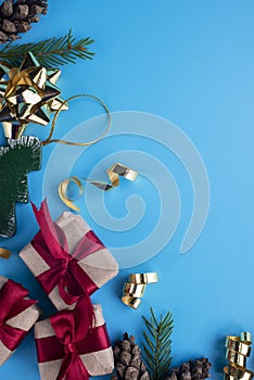 Christmas decorations, toys on a blue background. Christmas